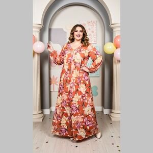 IMAN Maxi Dress Plus Size Boho Floral Vibrant Sunset Orange V-Neck Size 2X